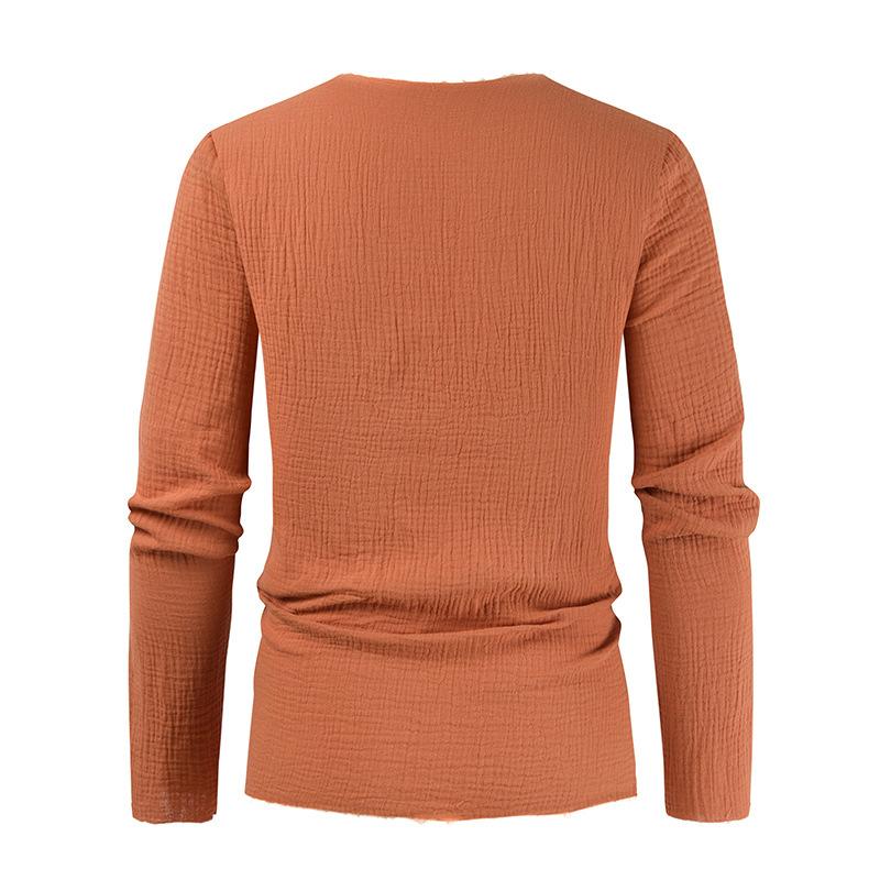 Mens Round Neck Distressed Irregular V Neck Long Sleeve T-Shirt 77596089X
