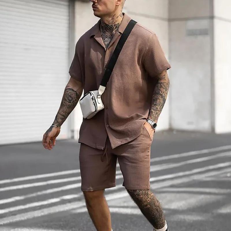 Mens Lapel Single Breasted Short Sleeve Shirt Shorts Set 04319018Z