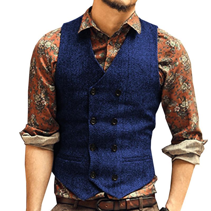 Mens Vintage Herringbone V-Neck Double Breasted Vest 84812263M