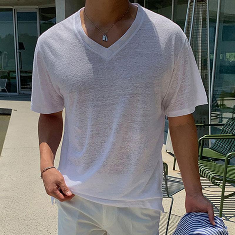 Mens Casual V Neck Solid Color Summer Short Sleeve T-shirt 08333768M