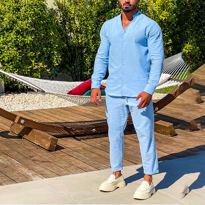 Mens Long -sleeved Cotton and Linen Shirt Set 68448998X