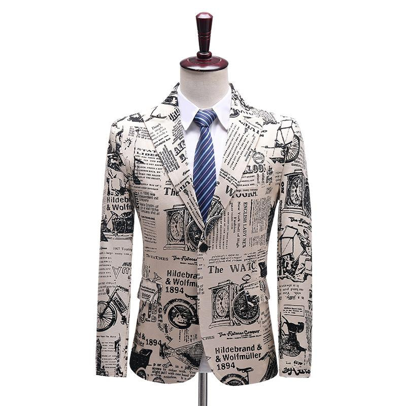 Mens Personalized Newspaper Print Lapel One Button Blazer 51736436M