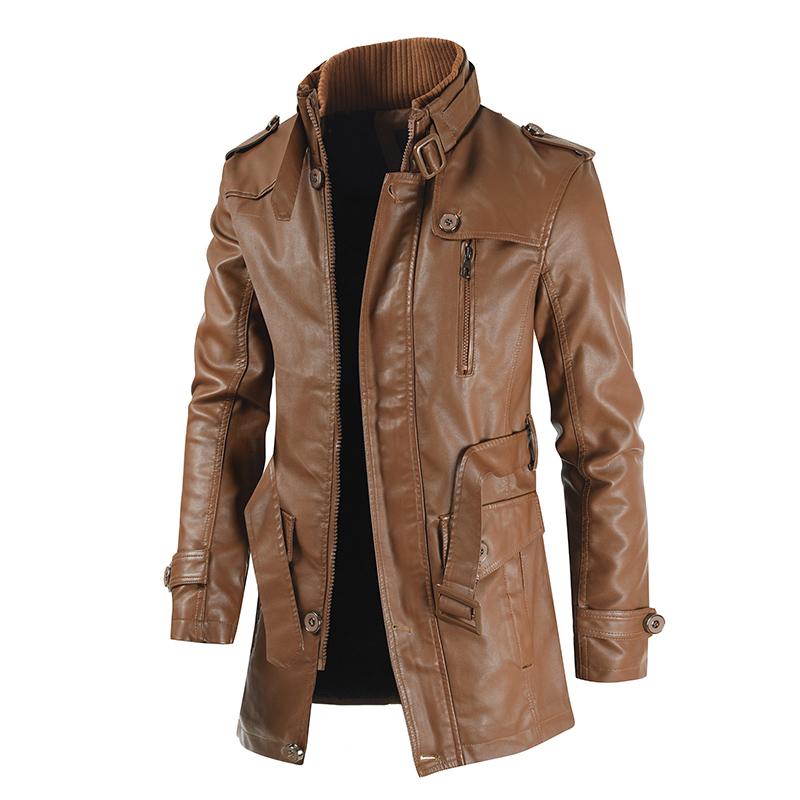 Mens Stand Collar Fleece Leather Jacket 64581367X