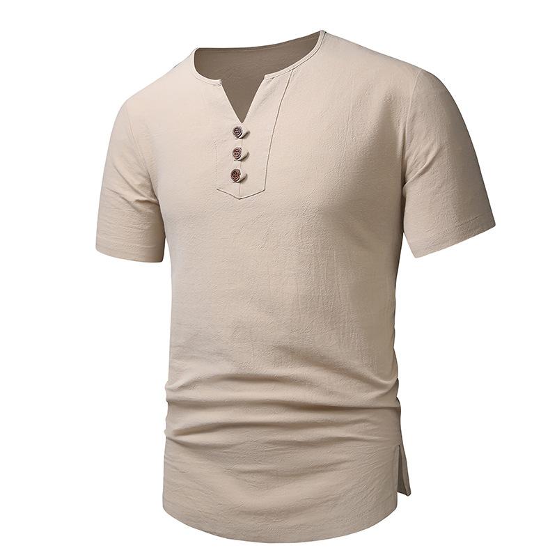 Mens Cotton Linen Fashion V Neck Beach Short Sleeve T-Shirt 12669214X