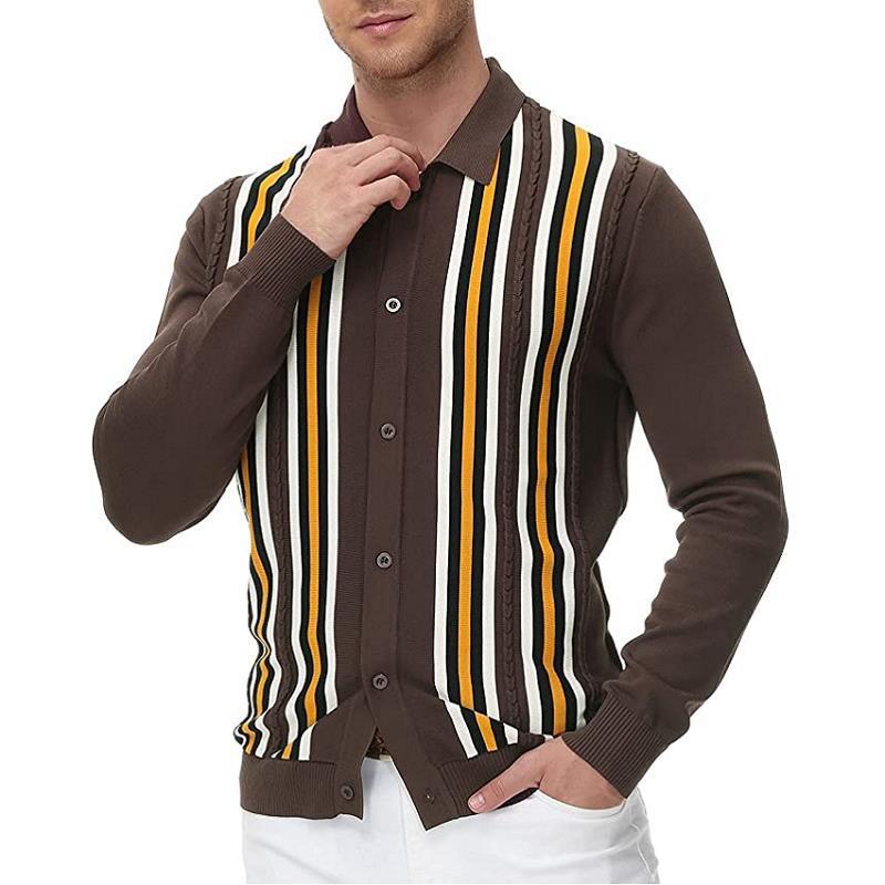 Mens Lapel Long Sleeve Striped Knit Cardigan 21119071M