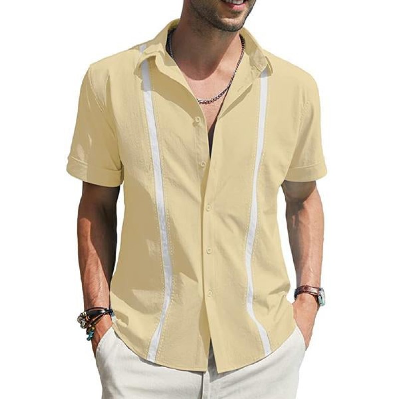 Mens Lapel Colorblock Linen Shirt 58965828X