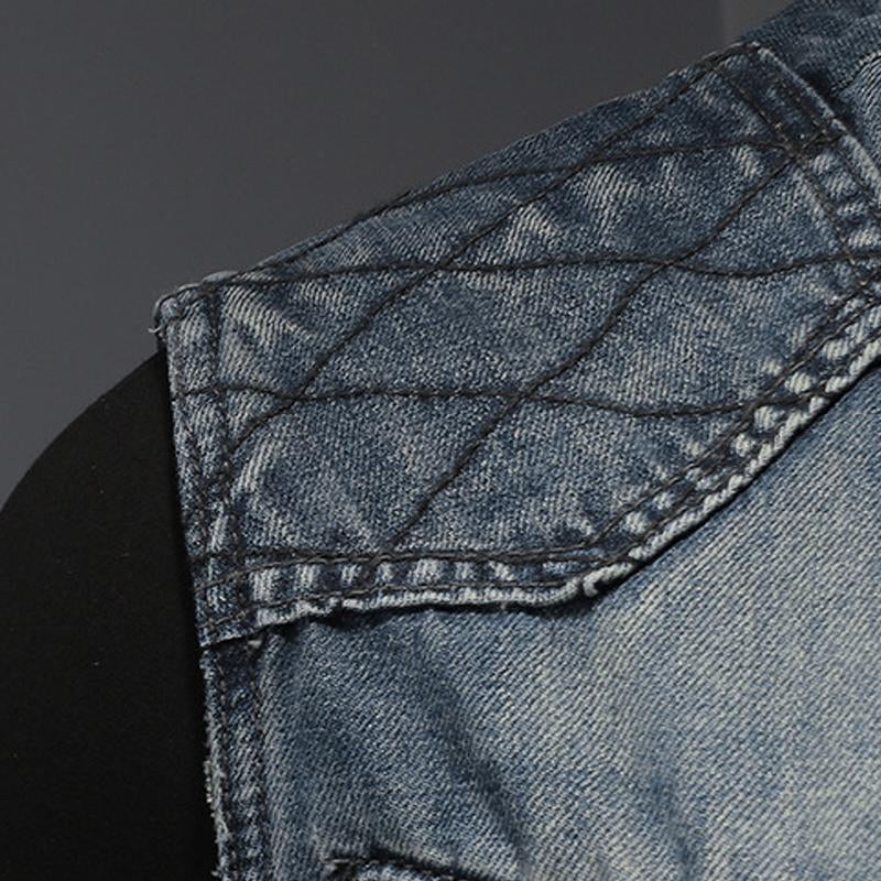 Mens Vintage Stitching Stand Collar Motorcycle Denim Vest 17095434Y