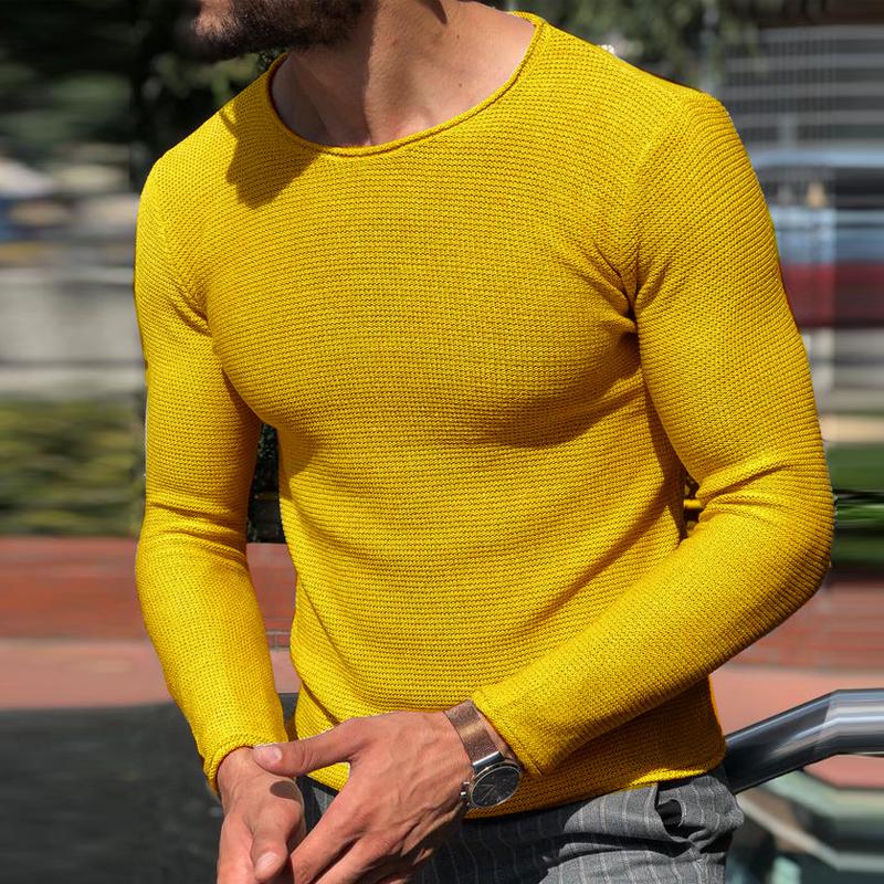 Mens Casual Solid Color Round Neck Long Sleeve Knitted Sweater 07050791Y
