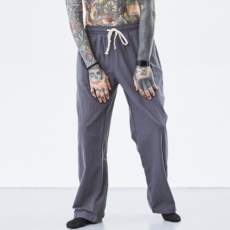Mens Loose Cotton Linen Solid Color Drawstring Trousers 02079114Y