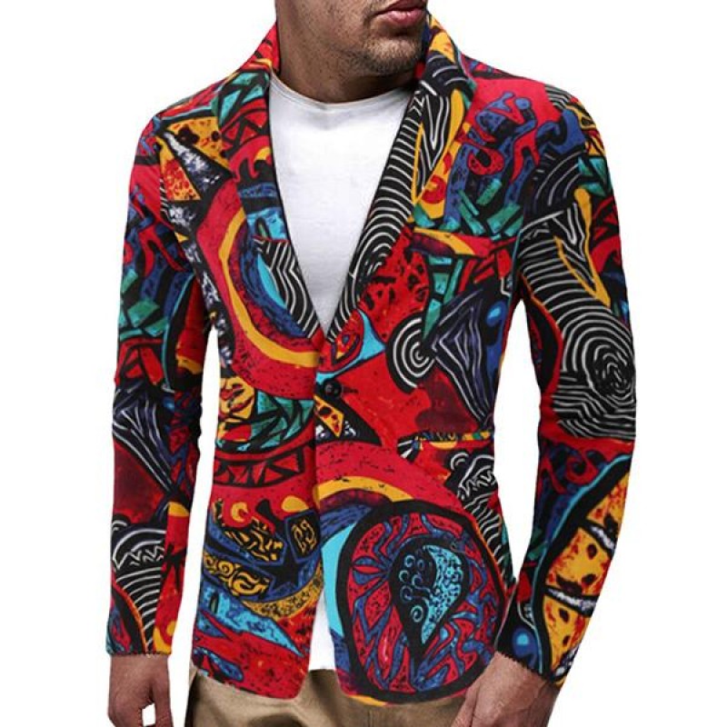 Mens Vintage Print Lapel Long Sleeve Blazer 41930598M