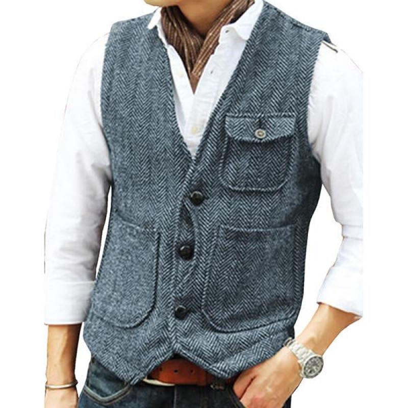 Mens V-neck Single-breasted Tweed Vest 39854419M