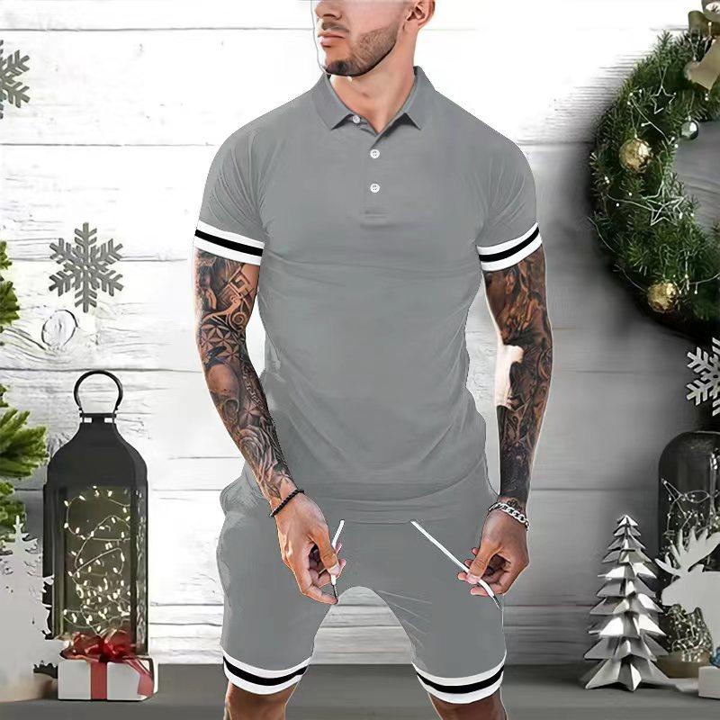 Mens Colorblock Striped Cuff Short Sleeve Polo Shirt Shorts Set 02905193Z