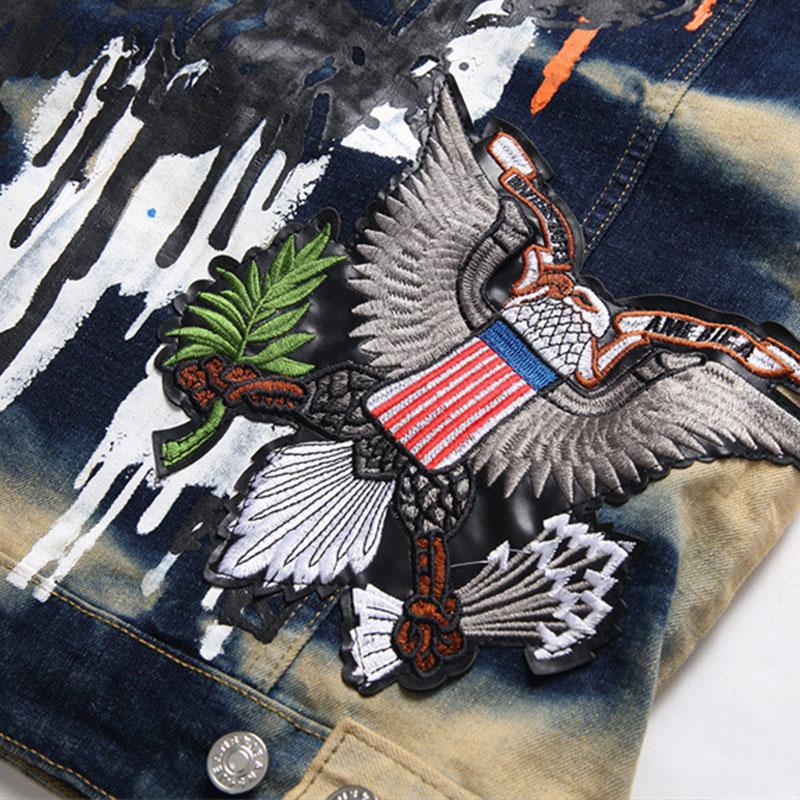 Mens Casual Washed Embroidery Print Lapel Collar Loose Denim Vest 39872810M