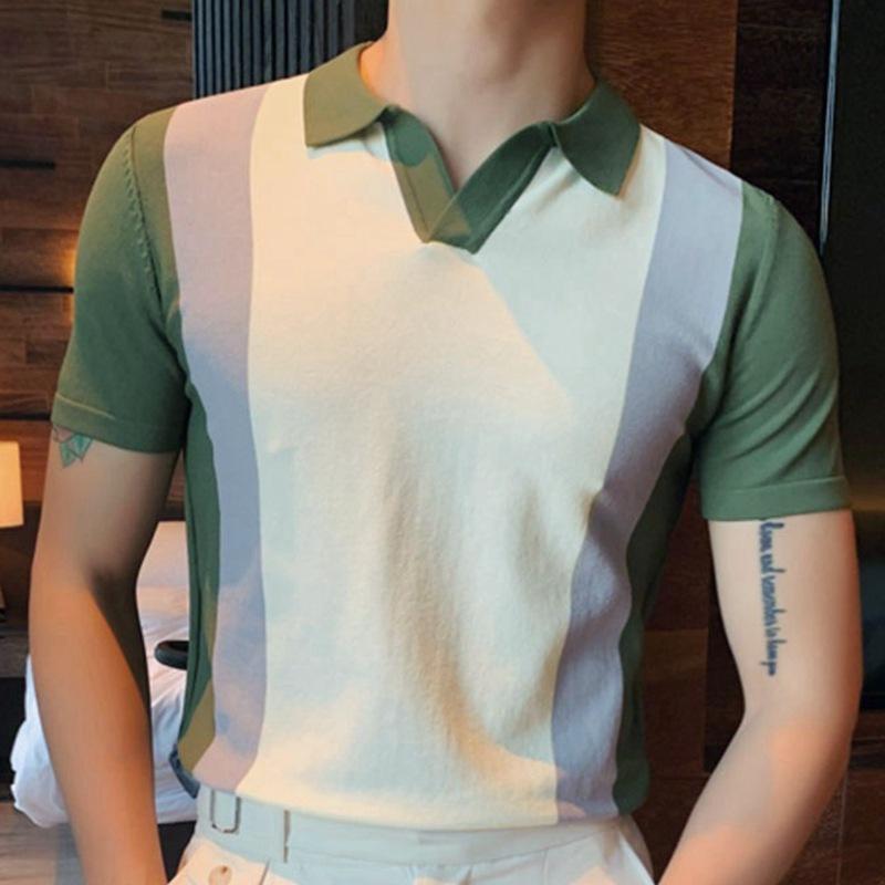 Mens Lapel Collar Contrast Color Knit Polo Shirt 12748774M