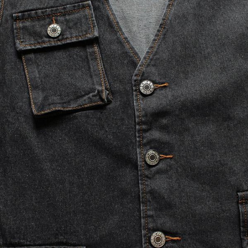 Mens Vintage Washed Patch Pocket Loose Denim Vest 97616243M
