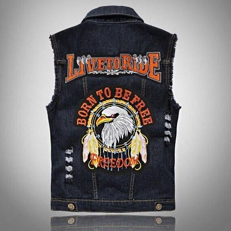 Mens Vintage Ripped Motorcycle Embroidered Patch Denim Vest 98731616Y