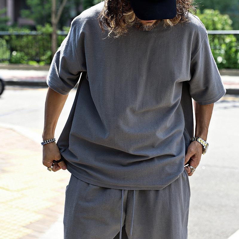 Mens Loose Solid Cotton Short Sleeve T-shirt Shorts Set 79265908Z