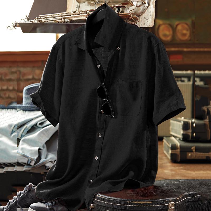 Mens Cotton and Linen Solid Color Lapel Short-sleeved Shirt 17520449X