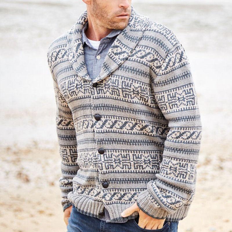 Mens Retro Jacquard Lapel Thickened Long Sleeve Sweater Jacket 61480859M