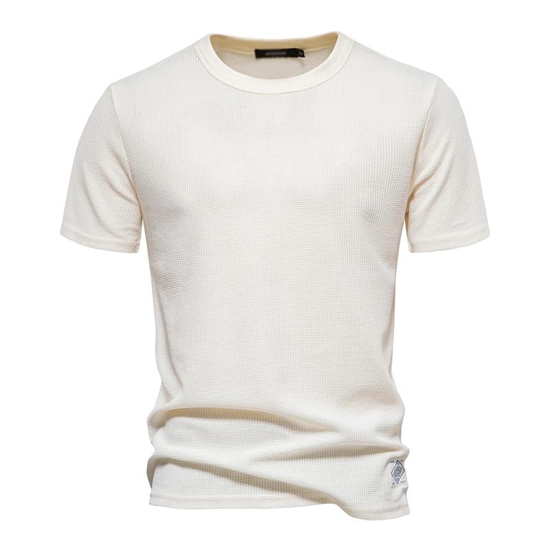 Mens Casual Round Neck Solid Color Waffle Short Sleeve T-Shirt 74268141M