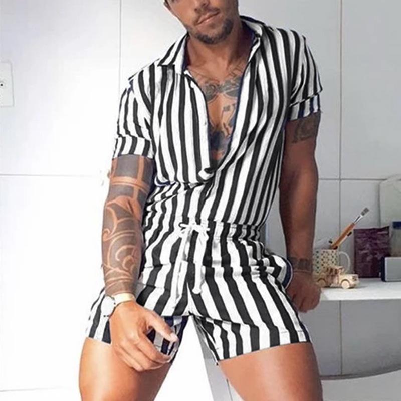 Mens Fashion Lapel Stripe Shorts Overall 00603333M