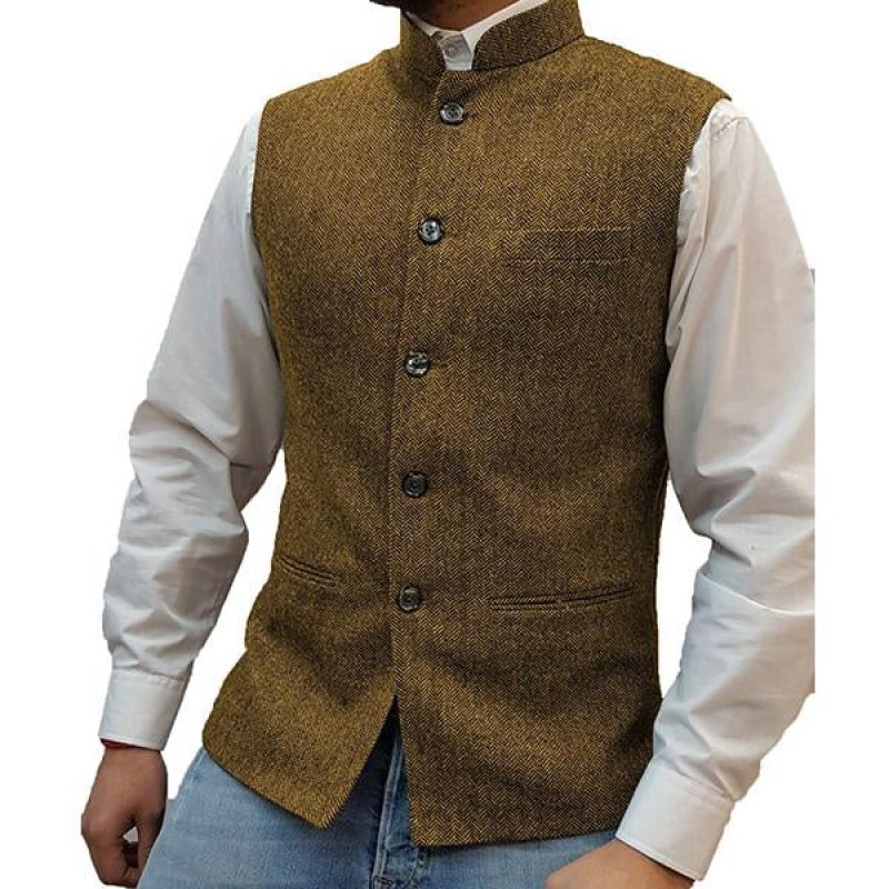 Mens Stand Collar Herringbone Single Breasted Vest 76418897M