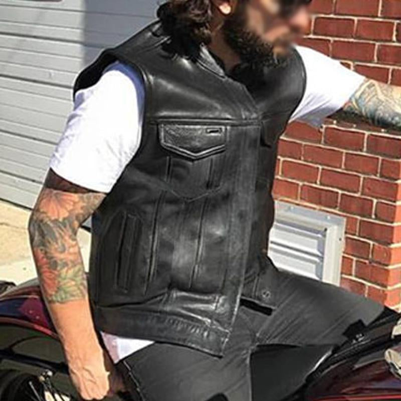 Mens Vintage Embroidered Cloth Patch Biker Leather Vest 96542092Y