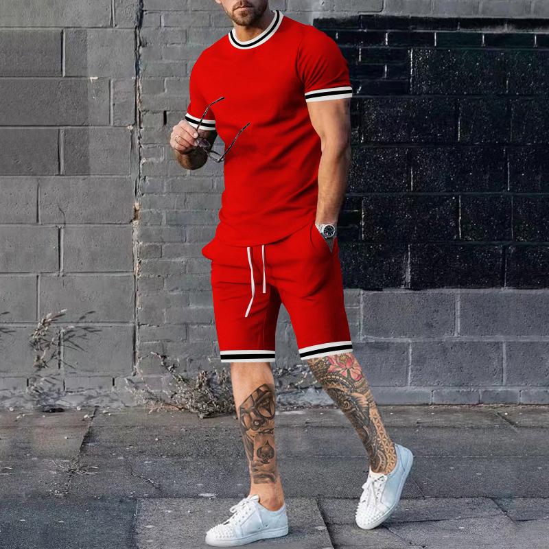 Mens Solid Color Short Sleeve Shorts Set 57608237X