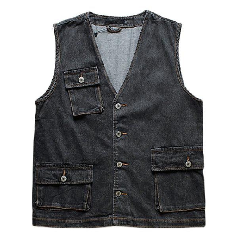 Mens Vintage Washed Patch Pocket Loose Denim Vest 97616243M