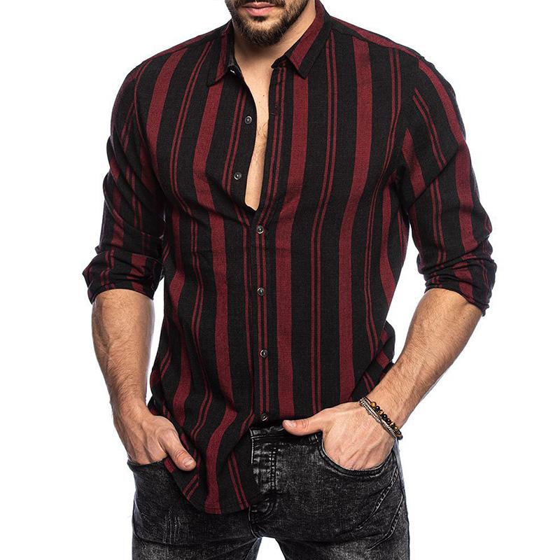 Mens Casual Lapel Stripe Slim Long Sleeve Shirt 84139040M