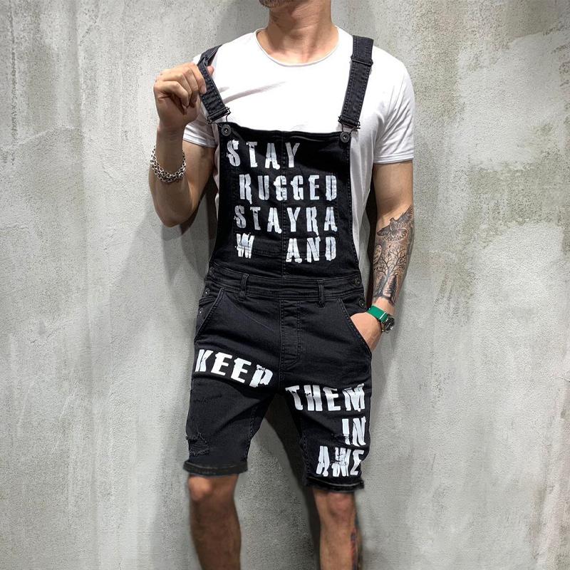 Mens Vintage Letter Print Ripped Denim Shorts Overalls 57767118Y