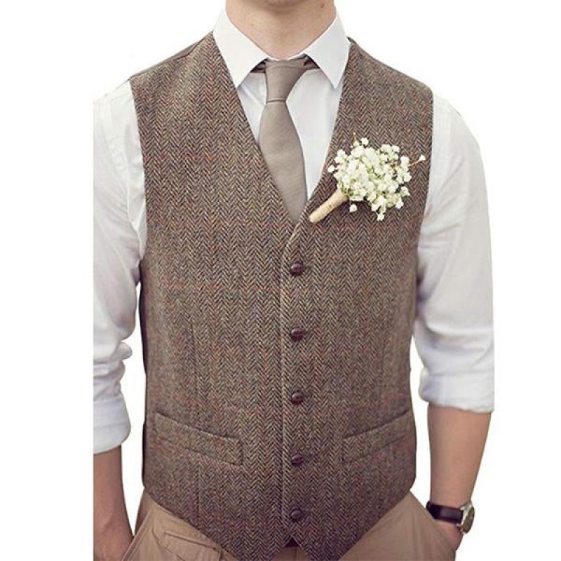 Mens Herringbone V Neck Single Breasted Vest 13045337M