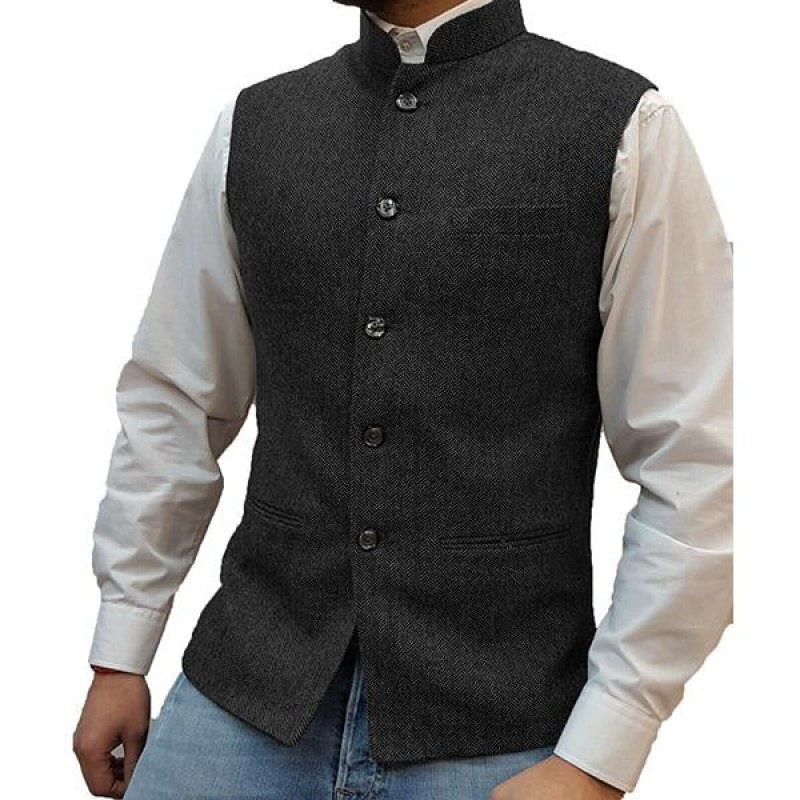 Mens Stand Collar Herringbone Single Breasted Vest 76418897M