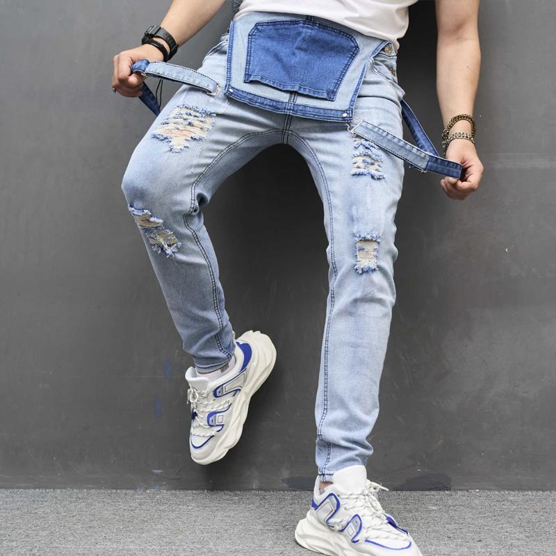 Mens Casual Solid Color Washed Ripped Denim Overalls 04755632Y