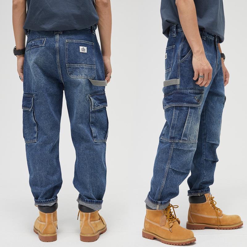 Mens Vintage Washed Multi-Pocket Loose Cargo Denim Straight Pants 51679875M
