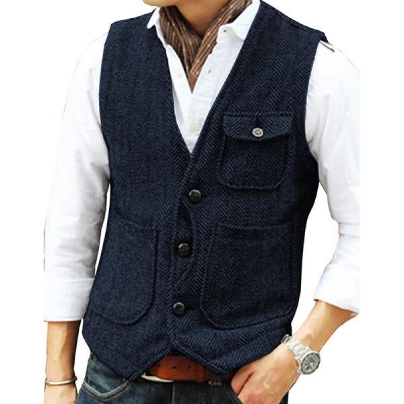 Mens V-neck Single-breasted Tweed Vest 39854419M