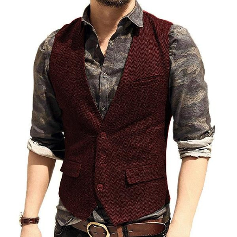 Mens V-neck Tweed Single Breasted Vest 89211169M
