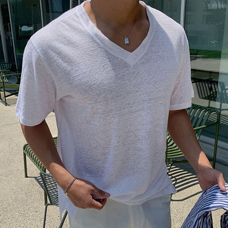Mens Casual V Neck Solid Color Summer Short Sleeve T-shirt 08333768M
