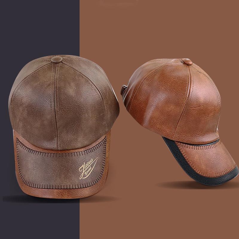 Mens Retro Letter Print Stitching PU Washed Distressed Motorcycle Baseball Cap 73002661X