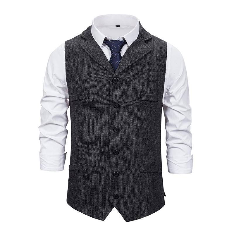 Mens Vintage Lapel Herringbone Single Breasted Vest 05741062M