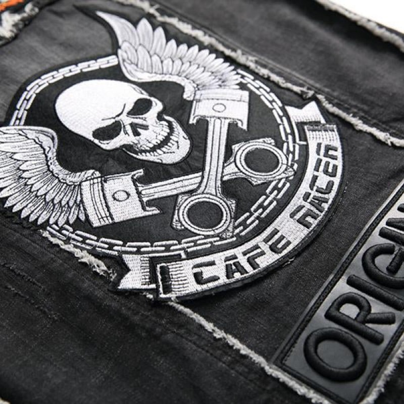 Mens Washed Embroidered Skull Denim Vest 11712032M