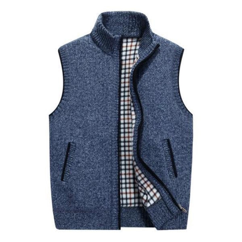 Mens Casual Stand Collar Fleece Knitted Vest 30062238M