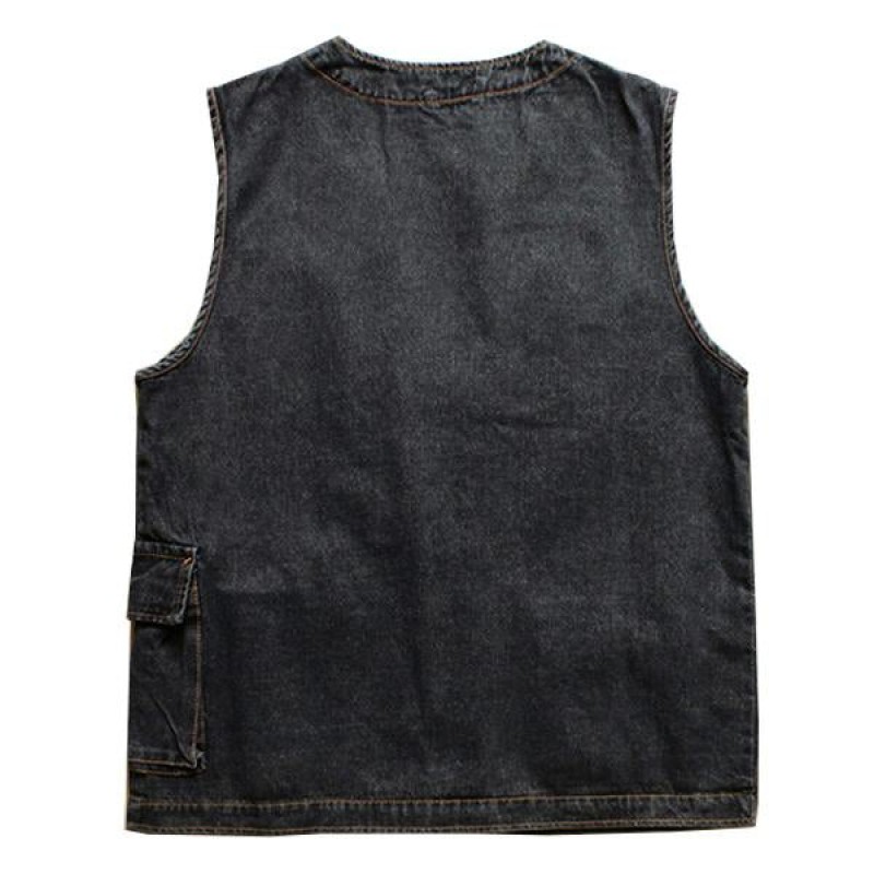 Mens Vintage Washed Patch Pocket Loose Denim Vest 97616243M
