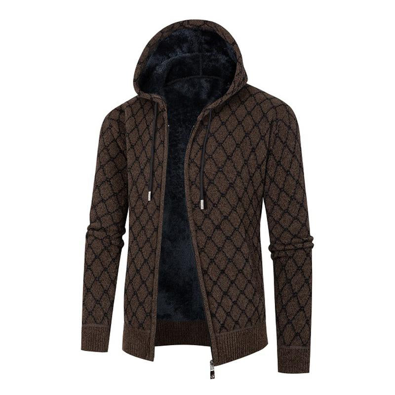 Mens Loose Jacquard Thick Hooded Knit Jacket 61250351M