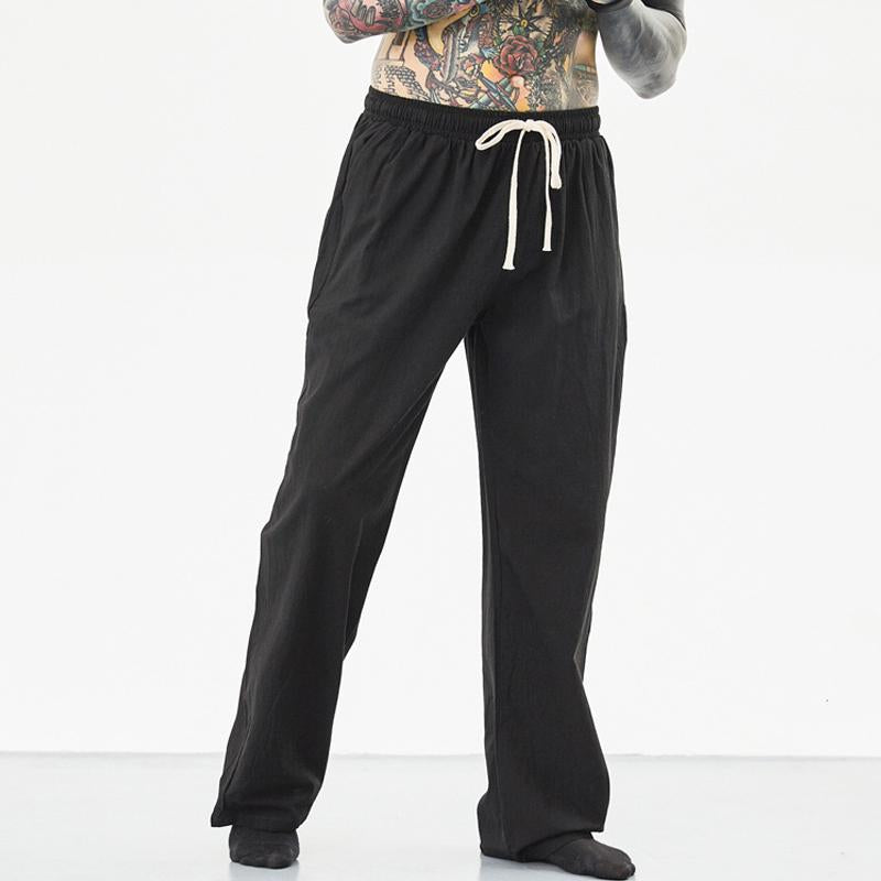 Mens Loose Cotton Linen Solid Color Drawstring Trousers 02079114Y