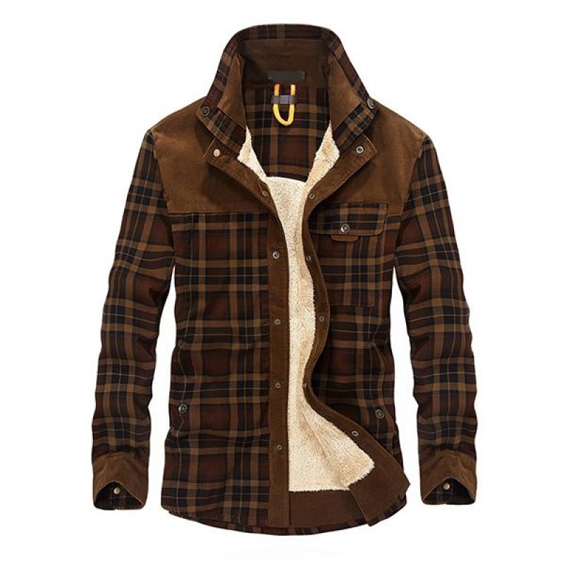 Mens Washed Cotton Plaid Lapel Fleece Thermal Jacket 14246512M