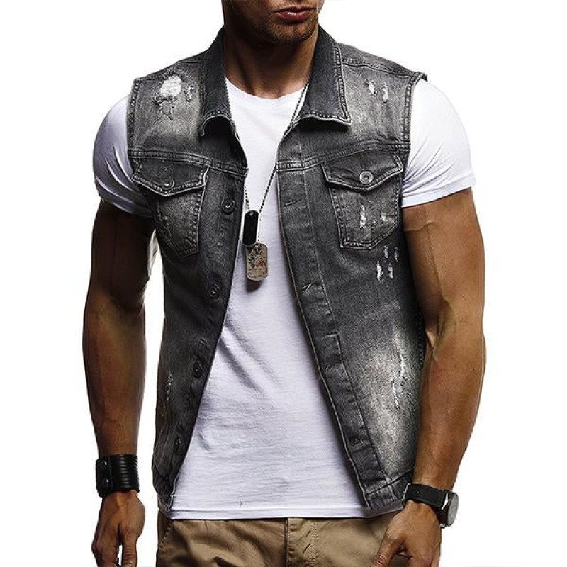 Mens Casual Washed Ripped Denim Vest 62135222M