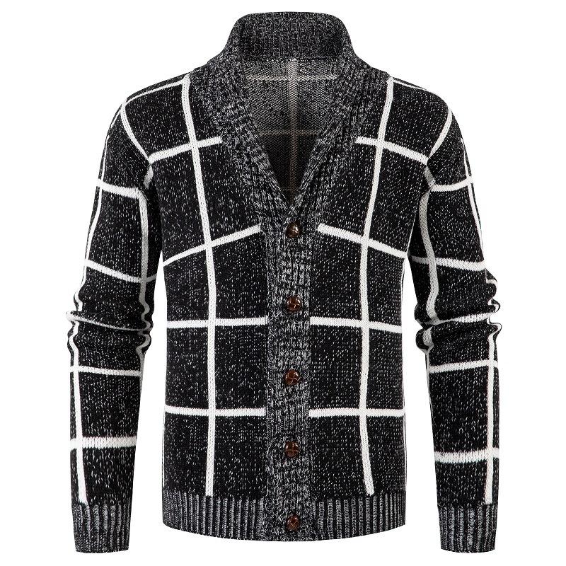 Mens Casual Thickened Plaid Slim Button Cardigan 41300042M