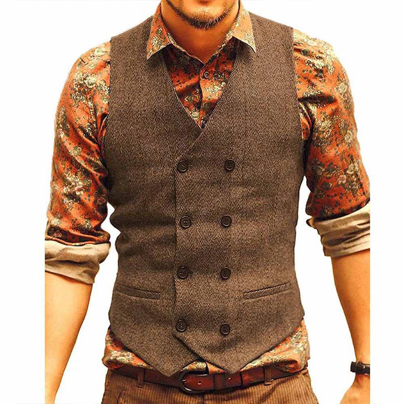 Mens Vintage Herringbone V-Neck Double Breasted Vest 84812263M