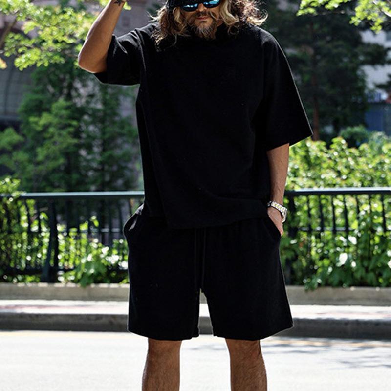 Mens Loose Solid Cotton Short Sleeve T-shirt Shorts Set 79265908Z